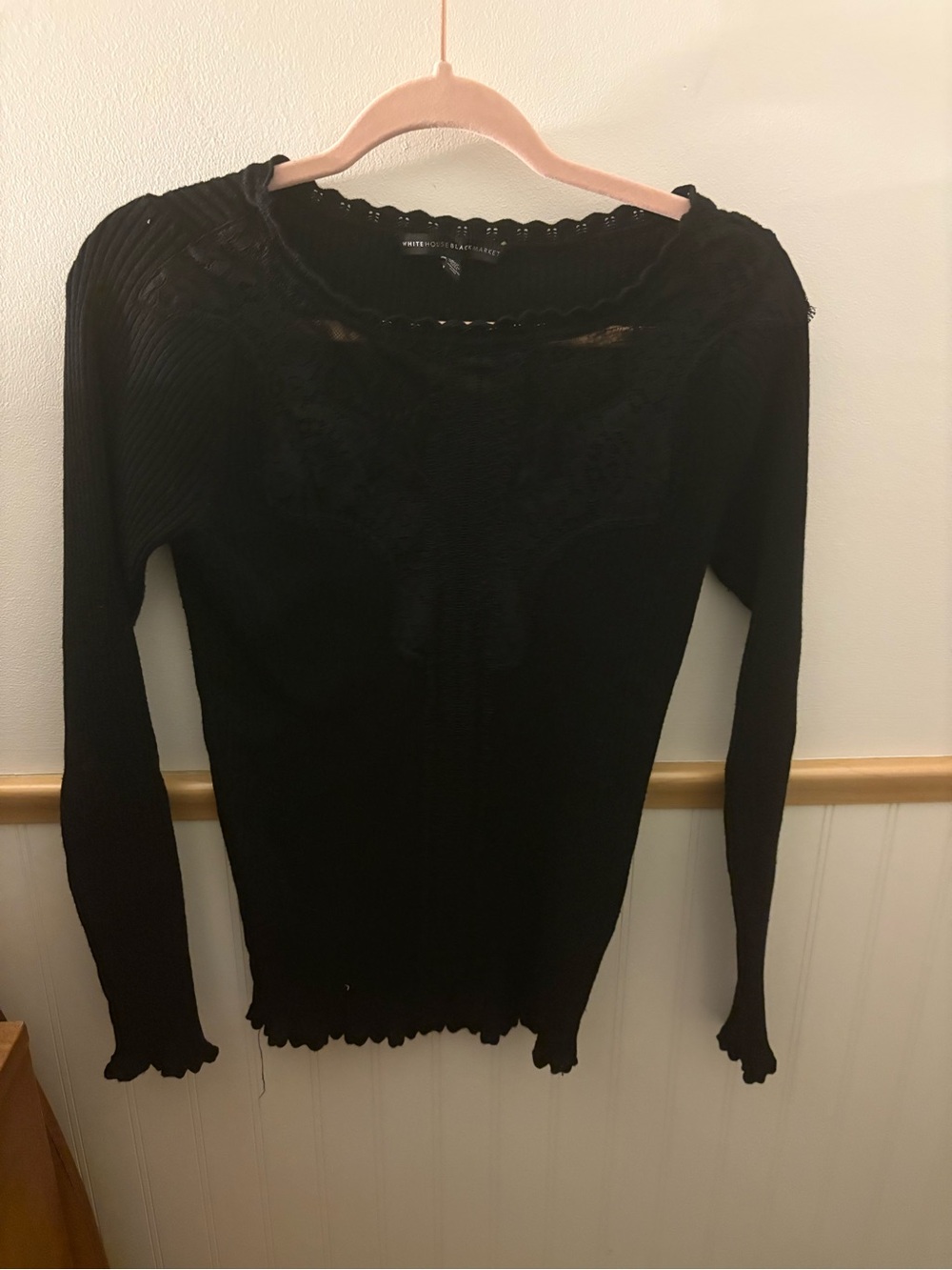 White House Black Market Medium Black Ribbed Lace Scalloped Sweater